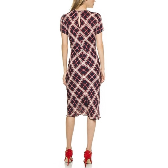 Jenni Kayne 100% Silk Short Sleeve Midi Sheath Dress (Sz S) Red Navy Blue Plaid - Picture 2 of 16